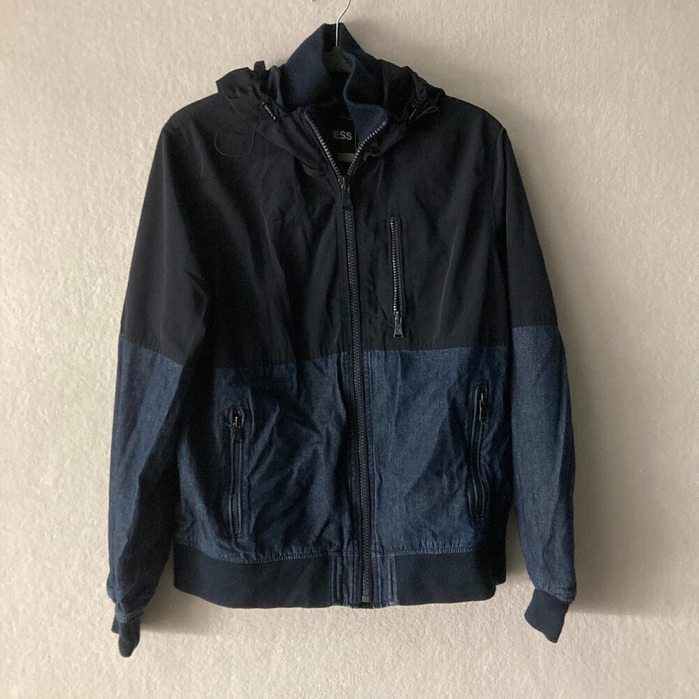 Express Men's Medium Full Zip Hooded Jacket Navy & Blue Colorblock Mixed Media